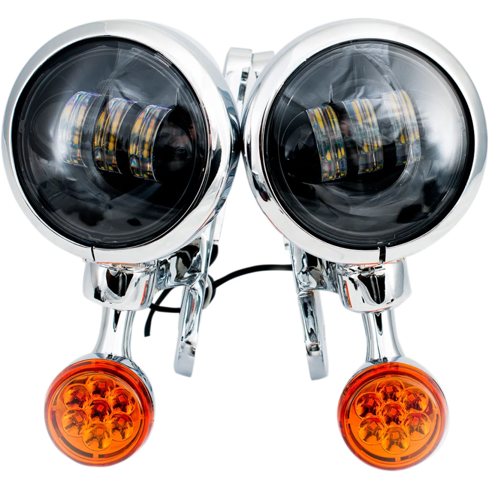 Light Brackets with LED Auxiliary Lights and Turn Signals — 114 mm (4.5") lenses, Amber/Clear