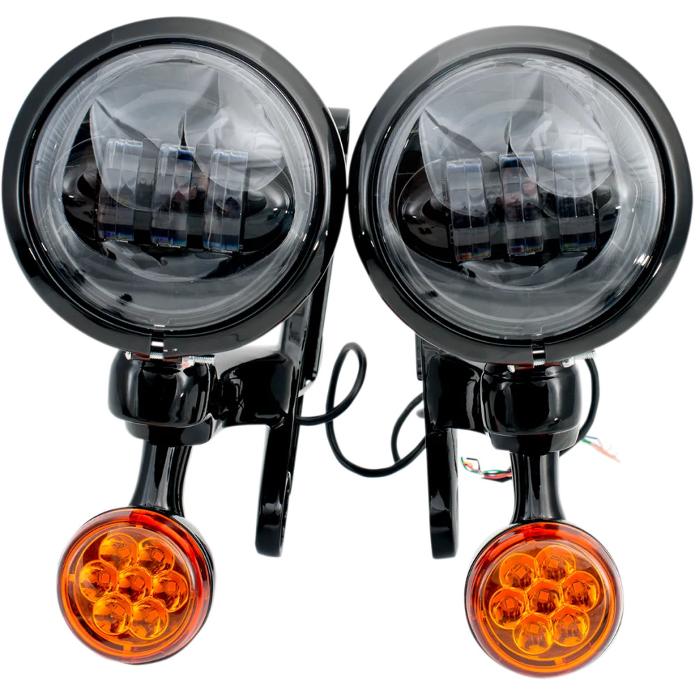 Light Brackets with LED Auxiliary Lights and Turn Signals — 114 mm (4.5"), amber/clear lenses, black trim