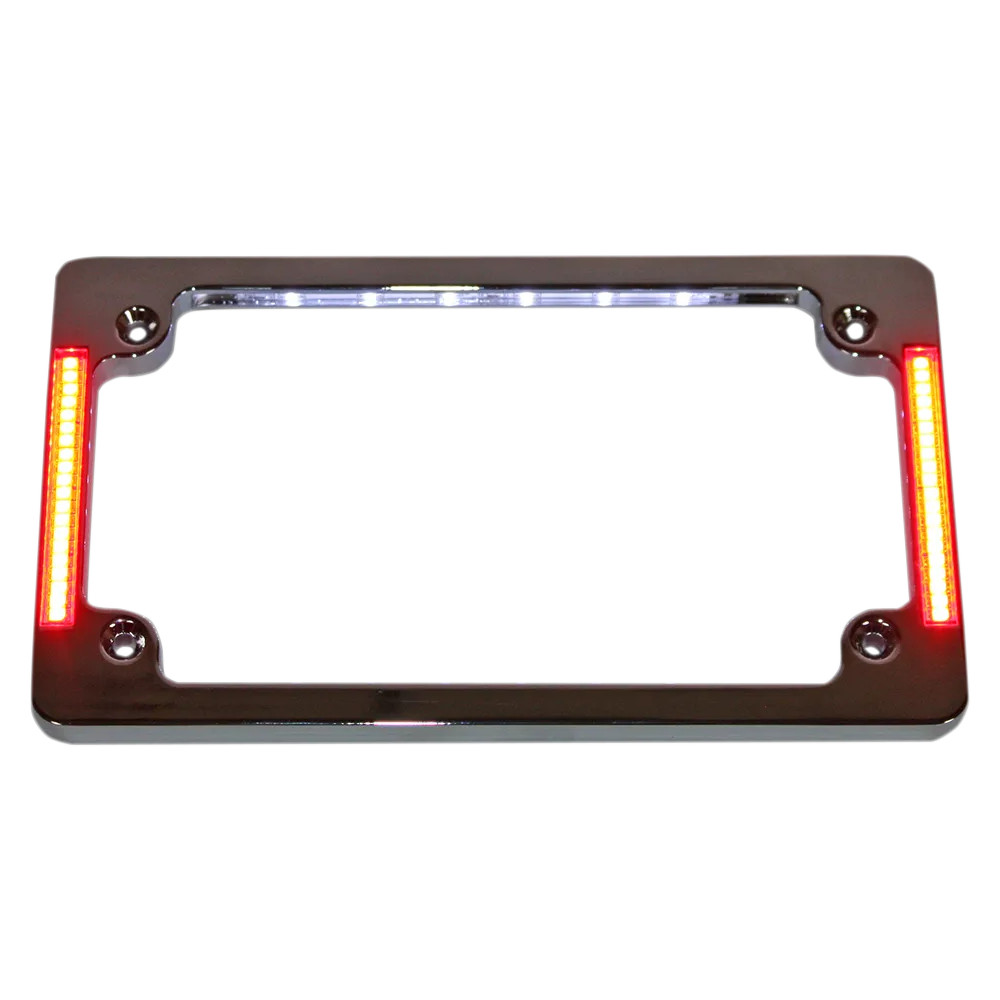 Marco de placa para motocicleta Tri-Horizontal con LEDs empotrados y luz LED para matrícula — 18.5 cm x 11 cm, cromo, horizontal