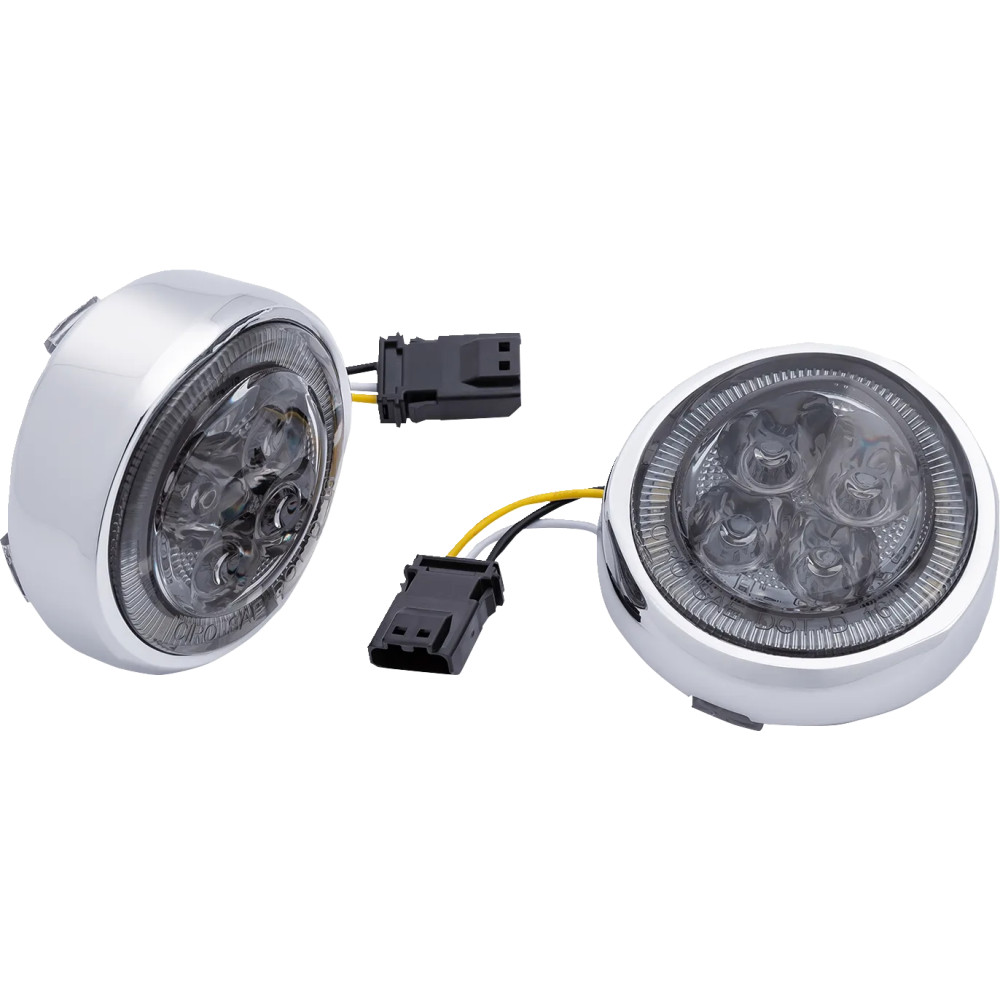 LED Fang® Inserciones de luz de señal delanteras con bisel — Harley-Davidson® compatibles, lente ahumada, carcasa cromada, LED á