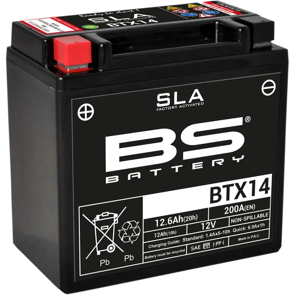 SLA Factory- Activated AGM Maintenance-Free Battery — 12V 12Ah, 200A CCA, BTX14, left/right front terminals