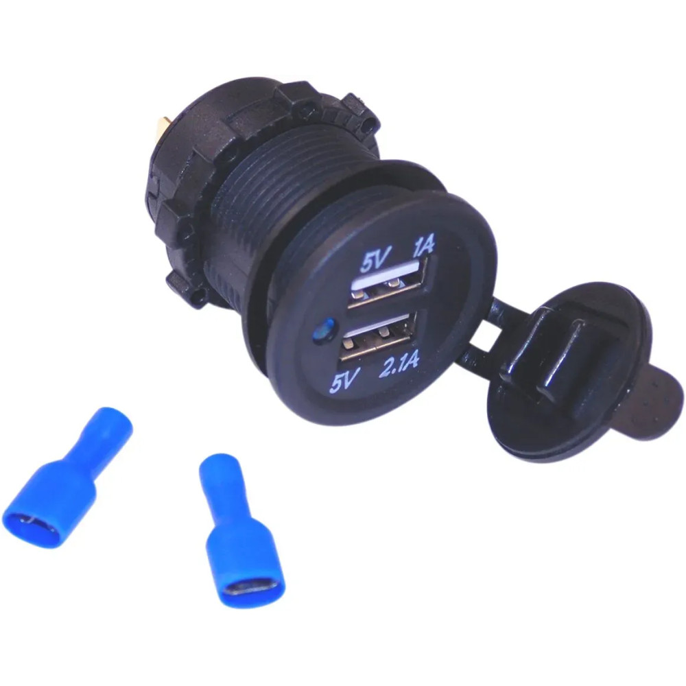 Dual USB Power/Charging Port — 12V, Black, Dual USB-A sockets, spade terminal