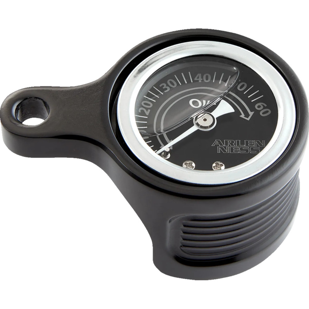 Method® Oil Pressure Gauge — 0–60 psi, fits M8 rear rocker box top, Black face, Chrome housing