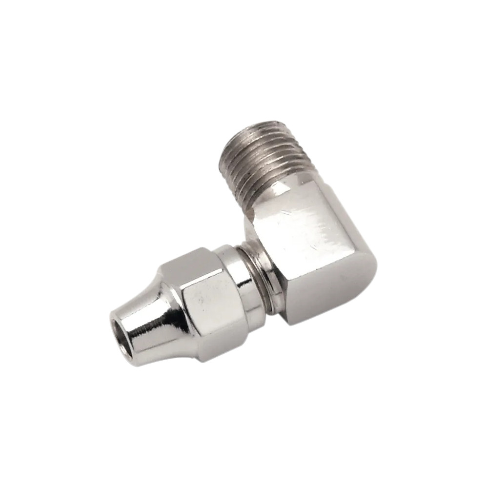 Conector de línea de freno — 1/8" NPT macho, curva 90°, cromo