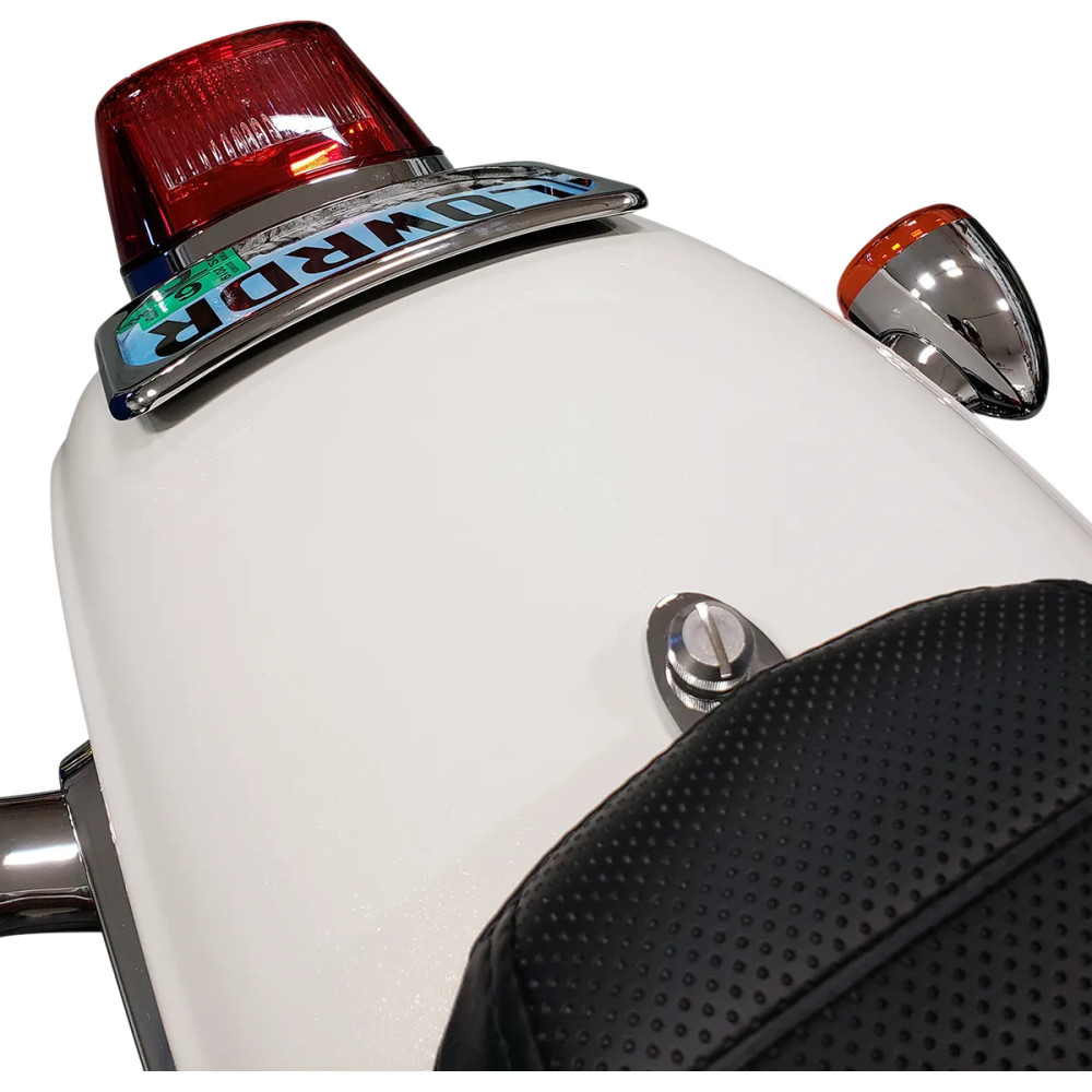 Large Radius Three-Bolt Style License Plate Mount Assembly — 10 cm (4") H, 18 cm (7") L, rear, chrome