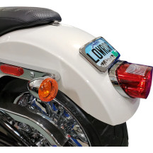 Large Radius Three-Bolt Style License Plate Mount Assembly — 10 cm (4") H, 18 cm (7") L, rear, chrome