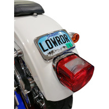 Large Radius Three-Bolt Style License Plate Mount Assembly — 10 cm (4") H, 18 cm (7") L, rear, chrome