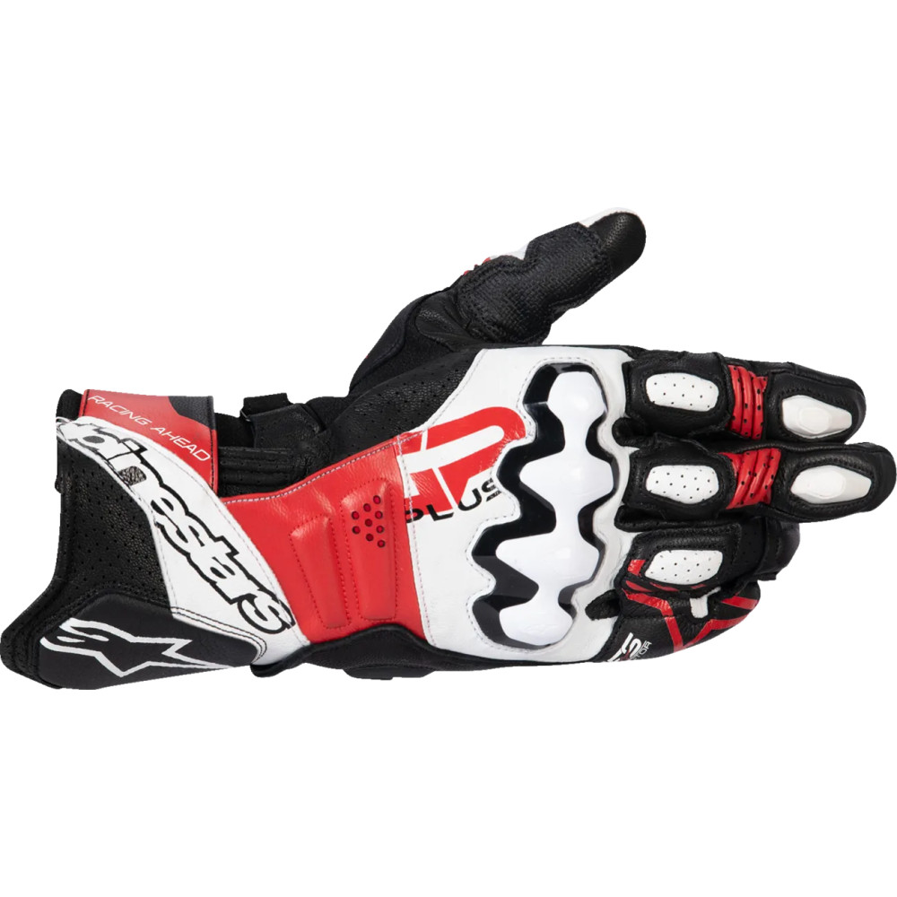 GP Plus R V3 Leather Gloves — M, Long Cuff, White, Bright Red, Black
