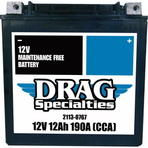 Battery Drag Specialties YTX14L-FT — 12V 12Ah, 200A CCA, left-front negative terminal