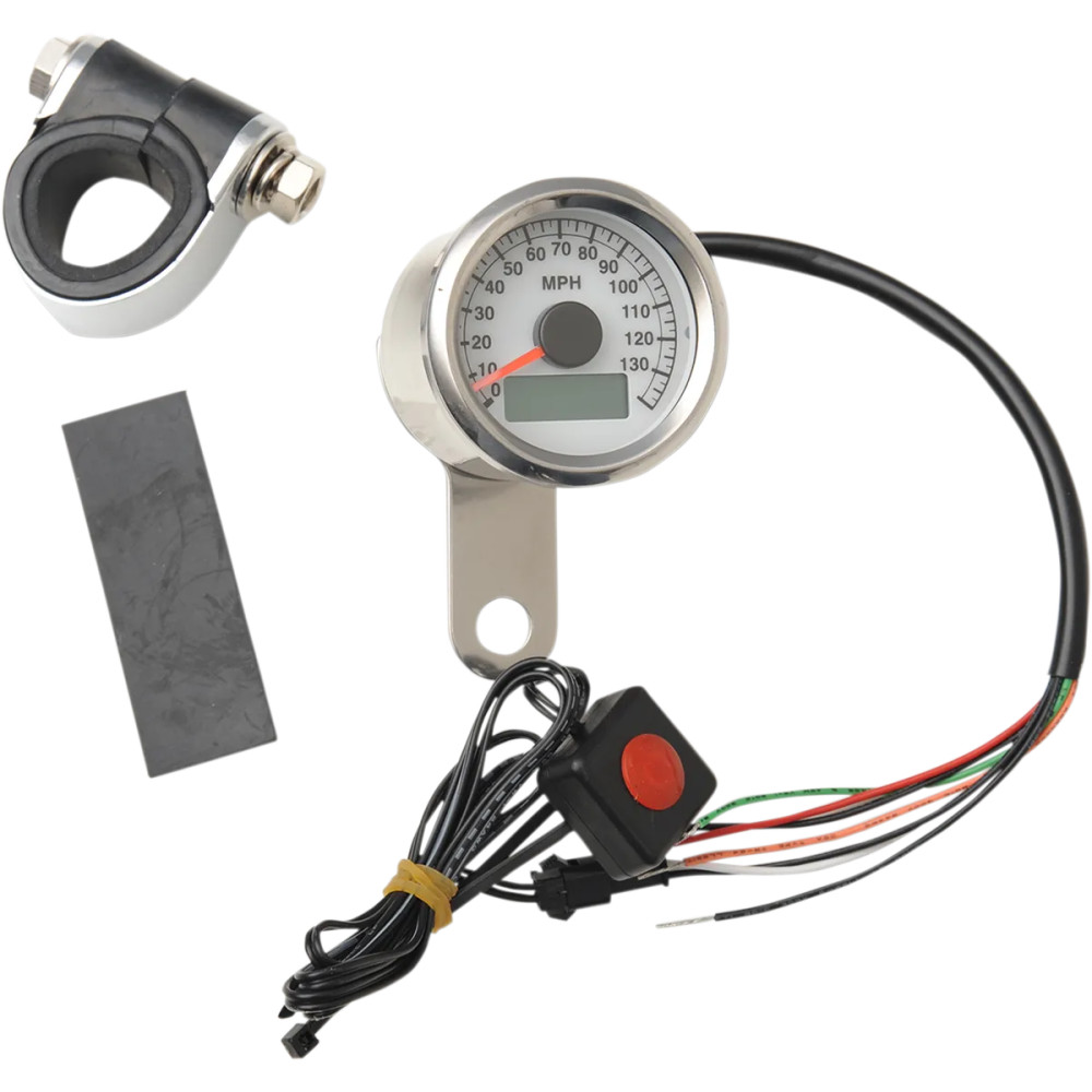 Programmable Mini Electronic Speedometer with Odometer/Tripmeter — 12V, 47.6 mm (1-7/8"), MPH, White