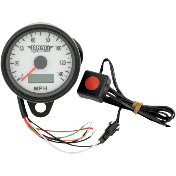 Velocímetro electrónico mini programable con odómetro/contador de viaje — 61 mm (2-13/32"), 0–225 km/h (0–140 mph), cara blanca