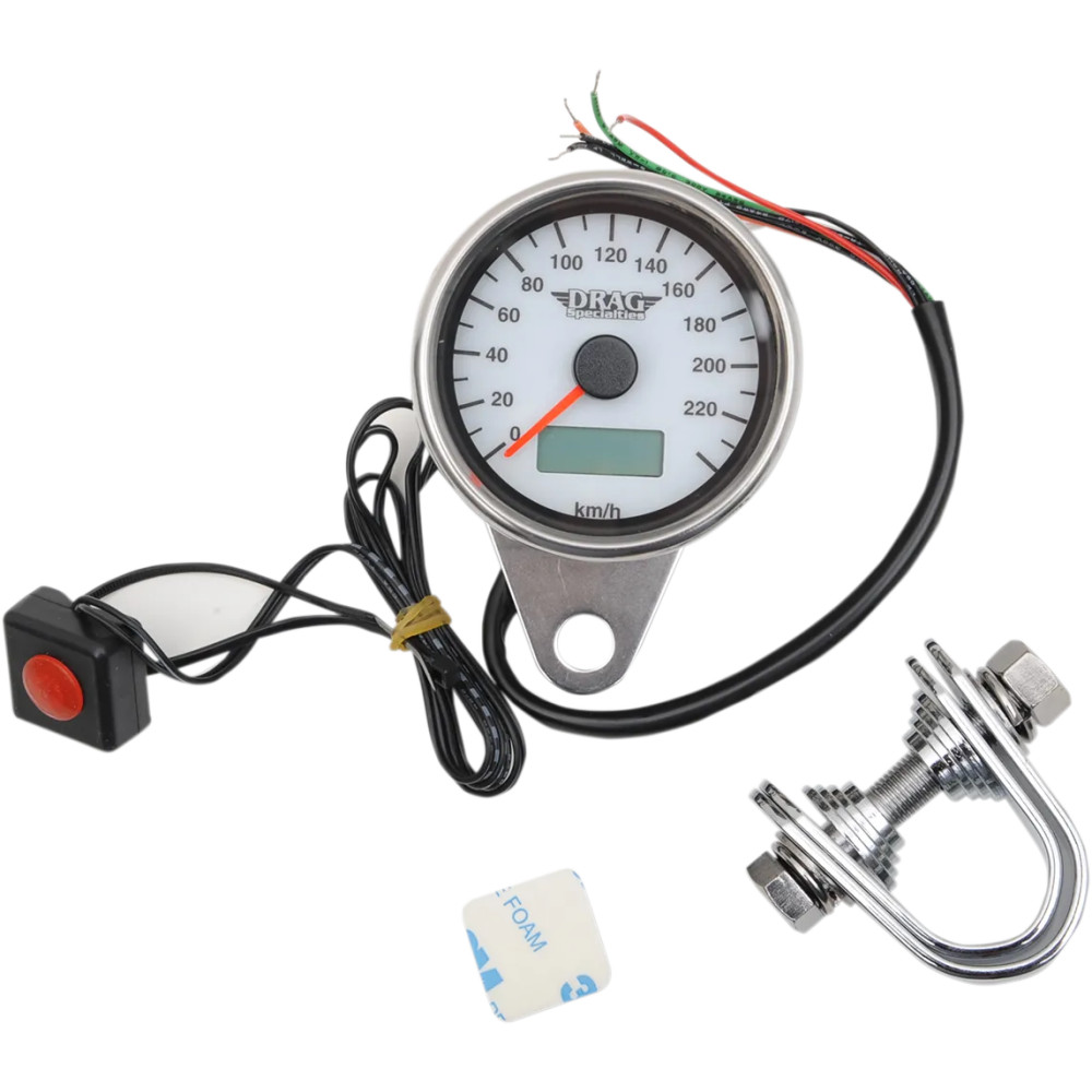 Programmable Mini Electronic Speedometer with Odometer/Tripmeter — 0 kph - 220 kph (0 mph - 137 mph), 60.3 mm (2-3/8"), White
