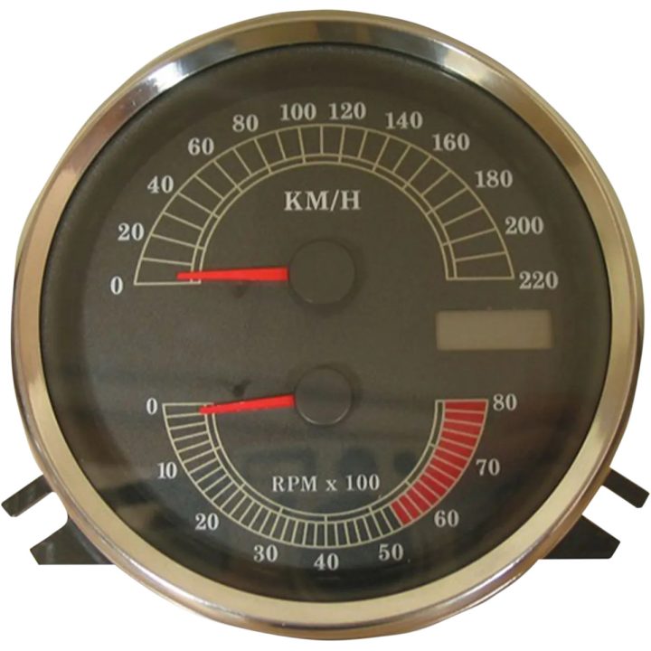 Velocímetro/tacómetro eléctrico — 0–193 kph, 0–8,000 rpm, cara negra