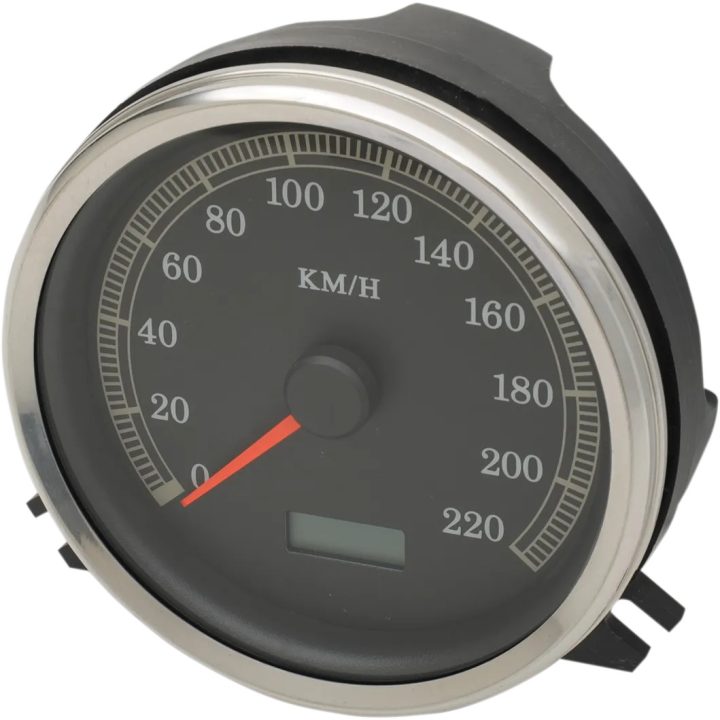 Velocímetro electrónico — 0–220 km/h (0–137 mph), esfera negra, carcasa cromada