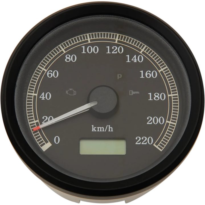 Velocímetro electrónico programable de 3-3/8" — esfera negra, carcasa negra, 0–220 kph (0–137 mph)