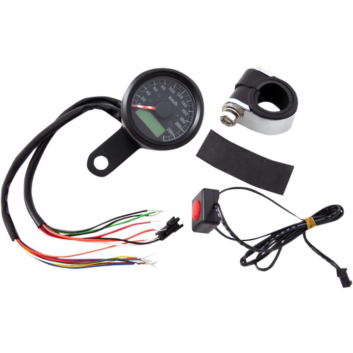 Velocímetro métrico programable mini 1-7/8" con luces indicadoras — 0–220 km/h (0–137 mph), negro