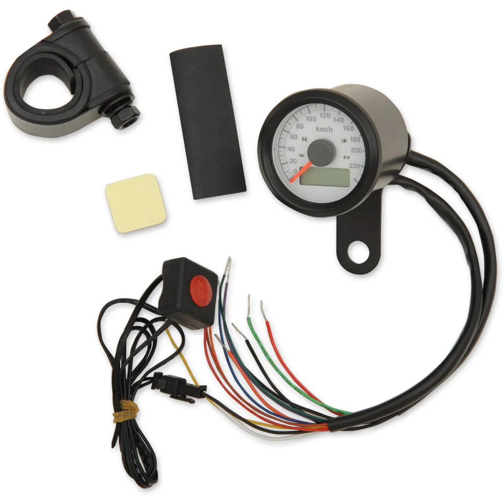 1-7/8" Mini Programmable Metric Speedometer with Indicator Lights — 1-7/8" bezel, 12V, fits 7/8"–1-1/4" tubing