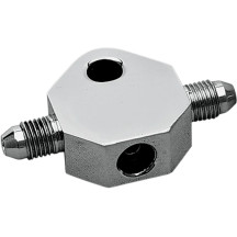 Brake Line Tee — 1/2" thick, 5/16" mounting hole, for #3 hose, -3 AN male, 3/8-24 SAE female, polished chrome