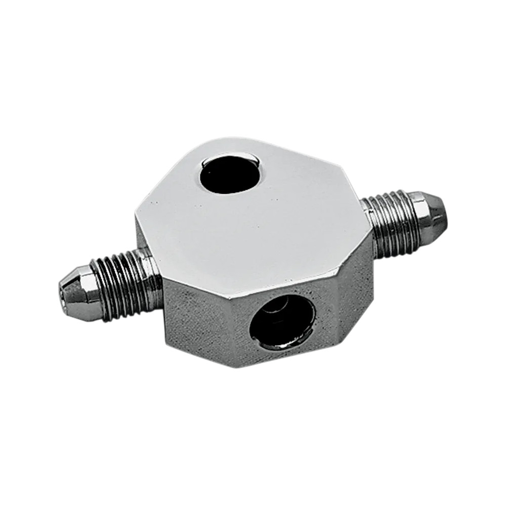Brake Line Tee — 1/2" thick, 5/16" mounting hole, for #3 hose, -3 AN male, 3/8-24 SAE female, polished chrome