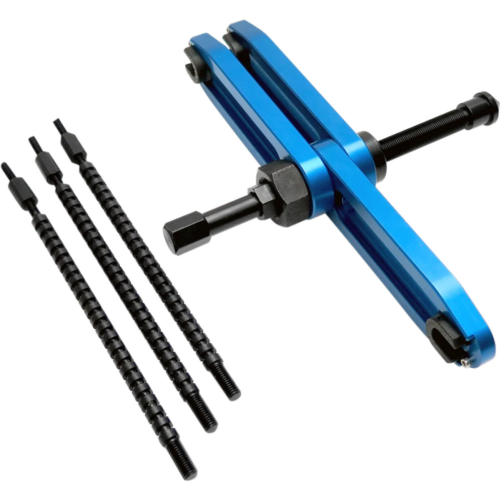Crankcase Splitter V2 — Aluminum and steel, black and blue anodized