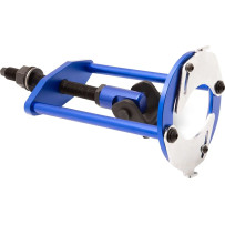 Shock Spring Compressor — 56–96 mm collar range, clevis 35 mm, eyelet 17 mm, Blue anodized