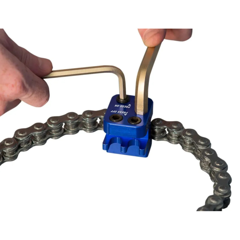 Chain Master Link Press Tool — 50-series chains, max master link width 24.8 mm, roller pin up to 5.25 mm, blue anodized
