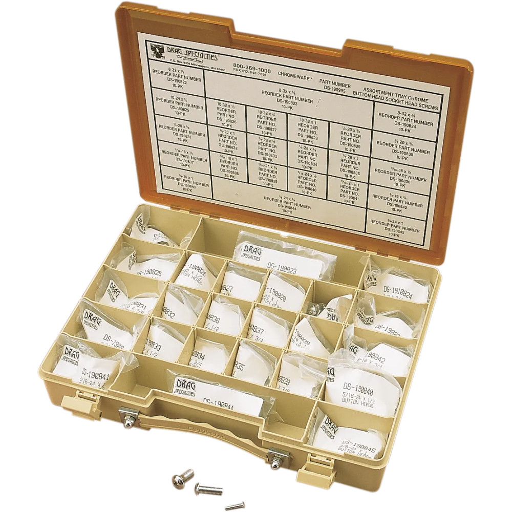 Juego de tornillos de cabeza botón — #8-32 a 3/8-24, longitudes hasta 1", cromado