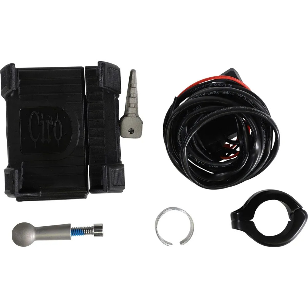 Smartphone/GPS Holder with Charger — 22 mm–26 mm clamp, handlebar mount, Black