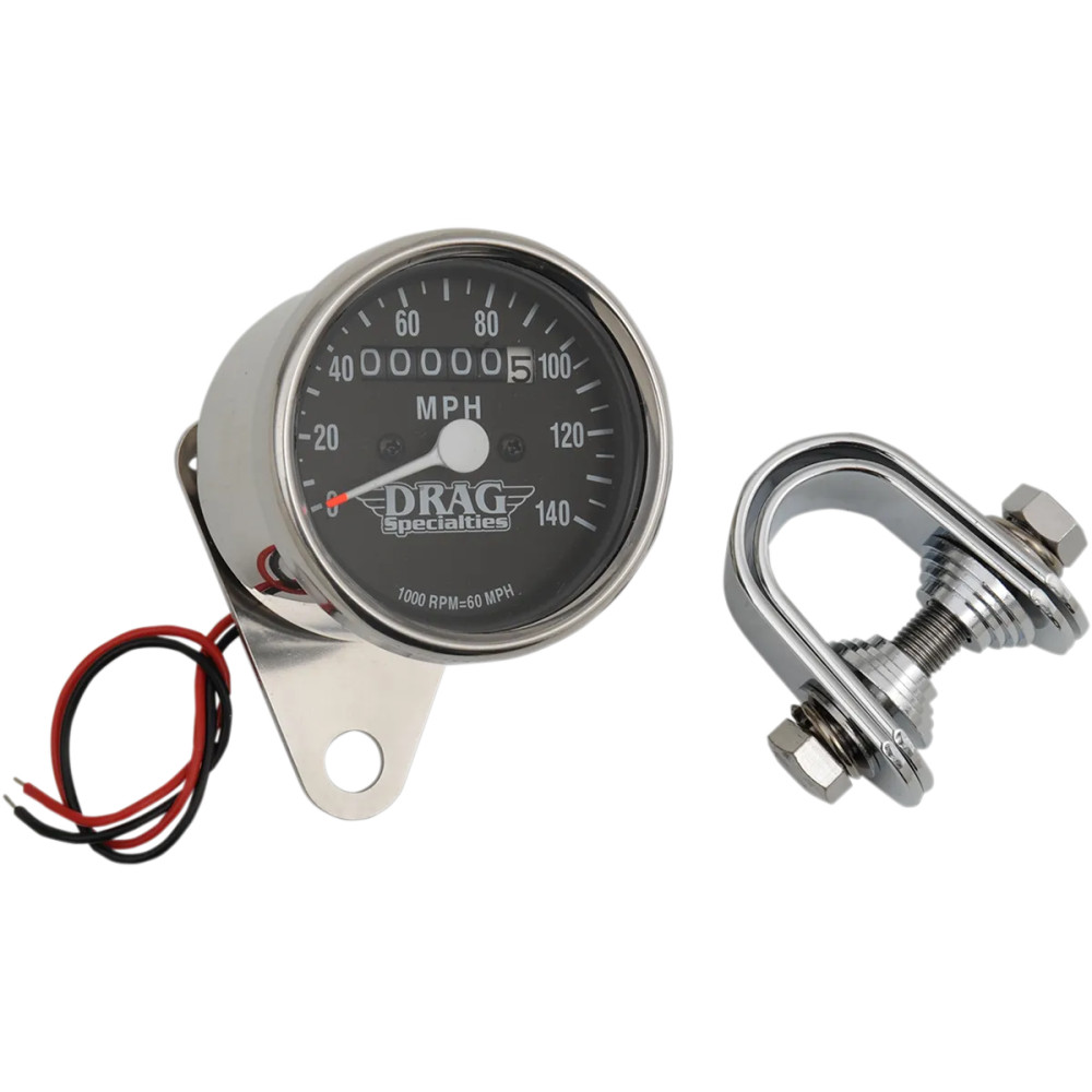 Mini Speedometer — 61 mm outside diameter, 12V, 12 mm thread, black face